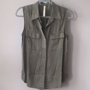 Olive Sleeveless Button-Up Top